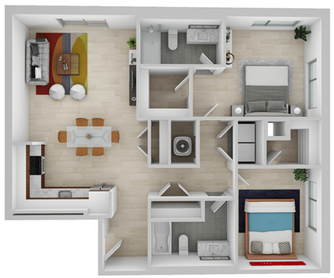 Floor plan for 2 beds, 2 baths, 878 sqft